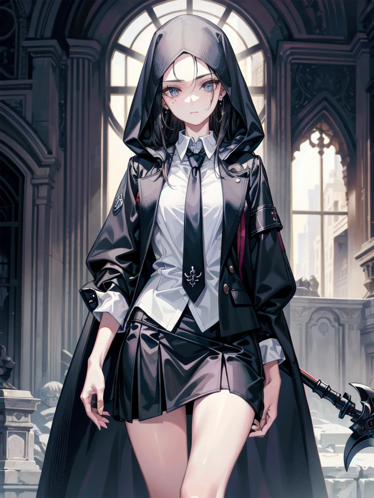 absurdres, RAW photo, extremely delicate and beautiful, masterpiece, Best Quality, ultra high resolution, 32k, hyperrealistic, ultra-detailed, perfect anatomy, anatomically correct, perfect figure, Perfect Style, Perfect balance, super Detailed skin, in her 30s, very Slim body, narrow waist, very small head, very small face, delicate facial features, handsome detailed woman, very detailed eyes and face, realistic face proportions, Realistic beautiful face, Realistic beautiful eyes, tearful mole, earring, big tits, whole body shot, medium hair, indoor, grim reaper, hooded robe, huge scythe, business suit, blazer, shirt, skirt, tie, ghost, skelton,