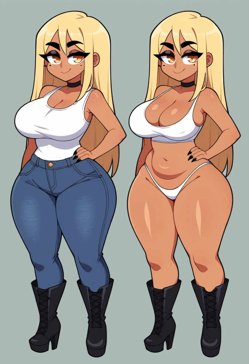 Expressiveh, egirlthot, chibiIcon, , score_9, score_8_up, score_8, (top quality,8k wallpaper),(masterpiece,best quality:1.2), ((source_anime, anime)), 1girl, , goat pupils, gyaru, ((very light blonde hair, long hair, )), old, mother, milf, , ,, tan skin, makeup, tan skin, saggy breasts, saggy, amused eyes, amused smile, , , wide eyes, jealous, jealousy, very jealous, yandere, , , blonde eyebrows, , obsessive, , black mascara, black eyeliner, yellow eyes, , , , , big sister, , large eyes, beauty mark, , giggling, laughing , , athletic , long fingernails,s1z3d1ff_t4lk, taller girl, standing, legs straight, , [[from below]:0.5], pov, eye contact, chibi, icon, cartoon, big head, wide hips, wide torso, plump, big eyes, full body, character sheet, various angles, white tanktop, denim jeans, platform boots, choker, 