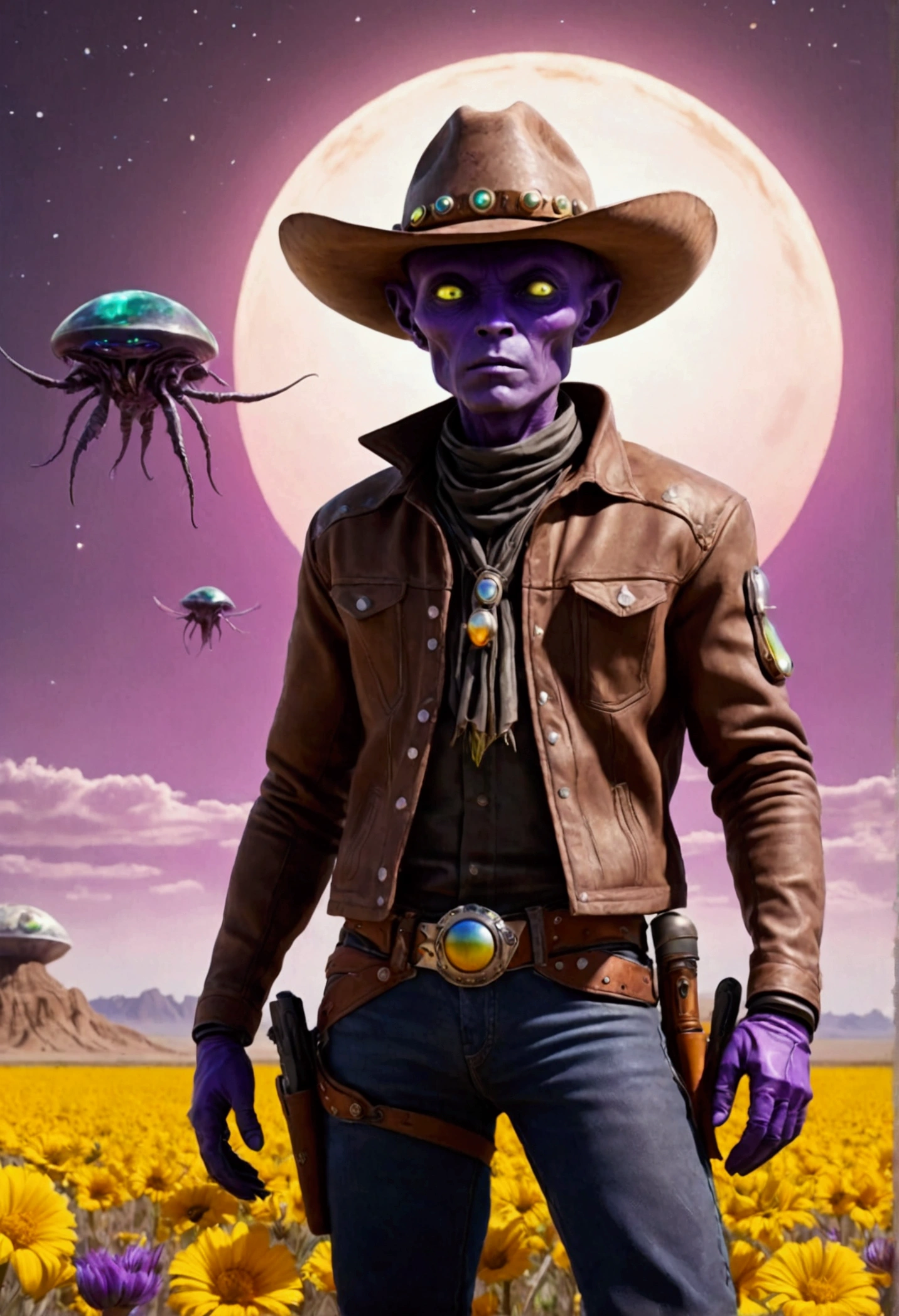 Alien cowboys (lean, big head, huge dark eyes, cowboy outfit, ray guns) are riding on crystalline beetles, alien plains with strange plants, violet skies, 2 suns
