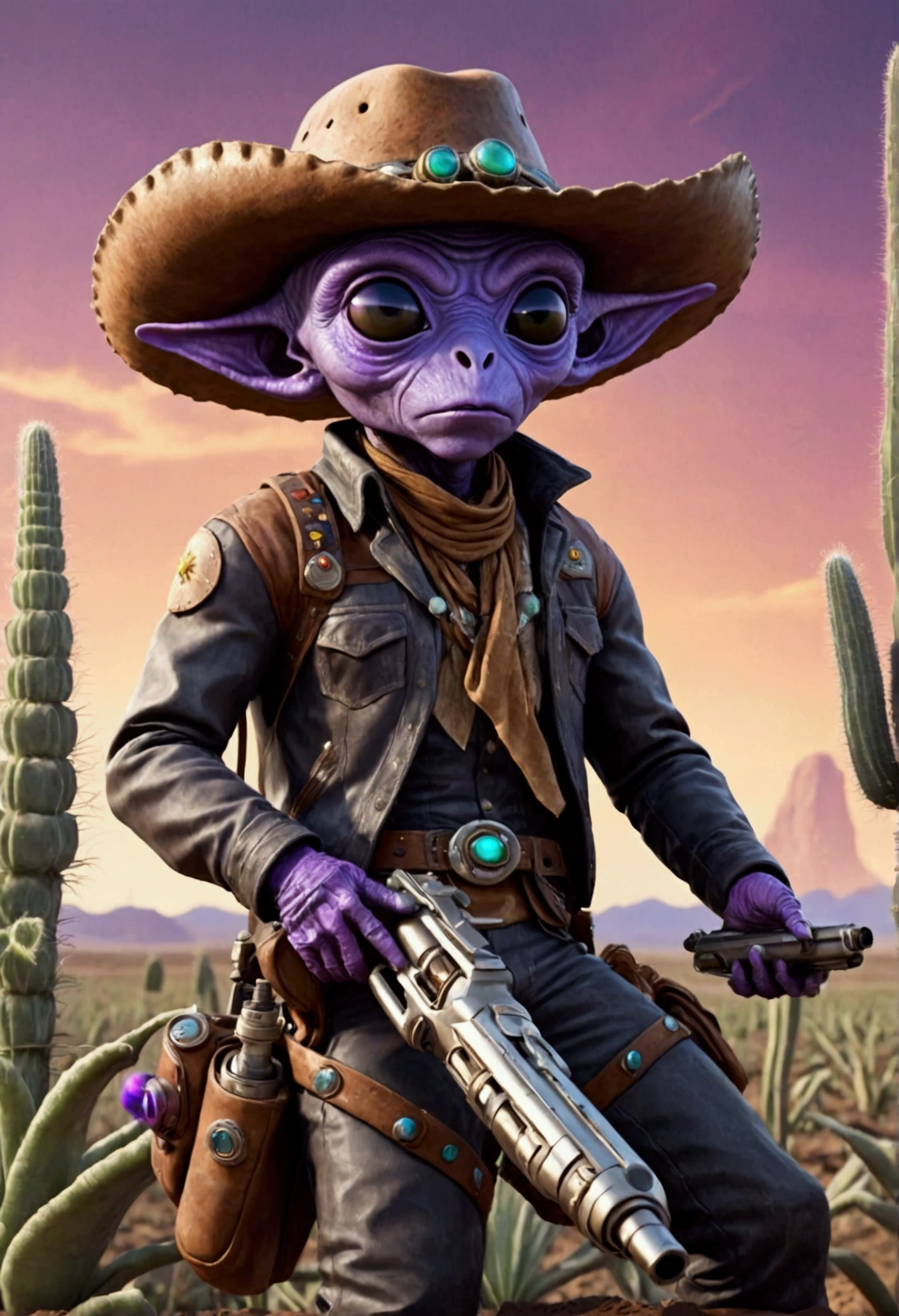 Alien cowboys (lean, big head, huge dark eyes, cowboy outfit, ray guns) are riding on crystalline beetles, alien plains with strange plants, violet skies, 2 suns
