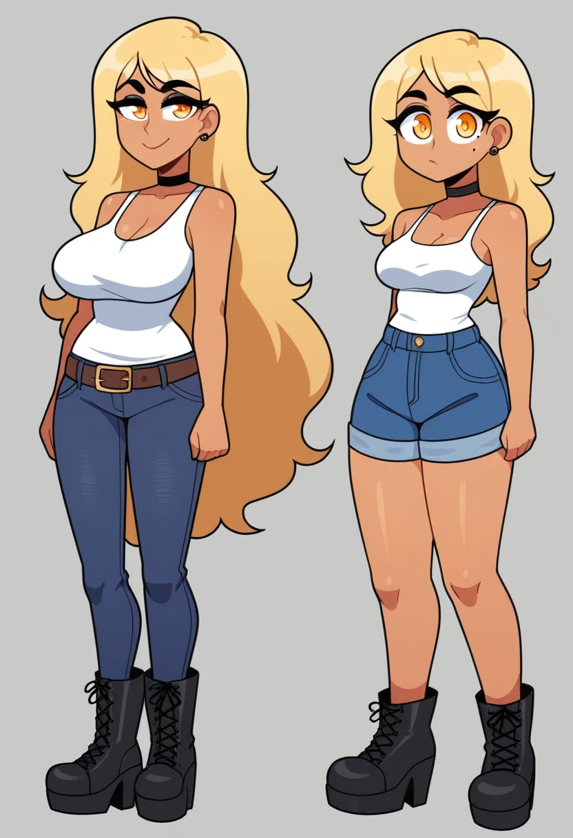 Expressiveh, egirlthot, chibiIcon, , score_9, score_8_up, score_8, (top quality,8k wallpaper),(masterpiece,best quality:1.2), ((source_anime, anime)), 1girl, , goat pupils, gyaru, ((very light blonde hair, long hair, )), old, mother, milf, , ,, tan skin, makeup, tan skin, saggy breasts, saggy, amused eyes, amused smile, , , wide eyes, jealous, jealousy, very jealous, yandere, , , blonde eyebrows, , obsessive, , black mascara, black eyeliner, yellow eyes, , , , , big sister, , large eyes, beauty mark, , giggling, laughing , , athletic , long fingernails,s1z3d1ff_t4lk, taller girl, standing, legs straight, , [[from below]:0.5], pov, eye contact, chibi, icon, cartoon, big head, wide hips, wide torso, plump, big eyes, full body, character sheet, various angles, white tanktop, denim jeans, platform boots, choker, 