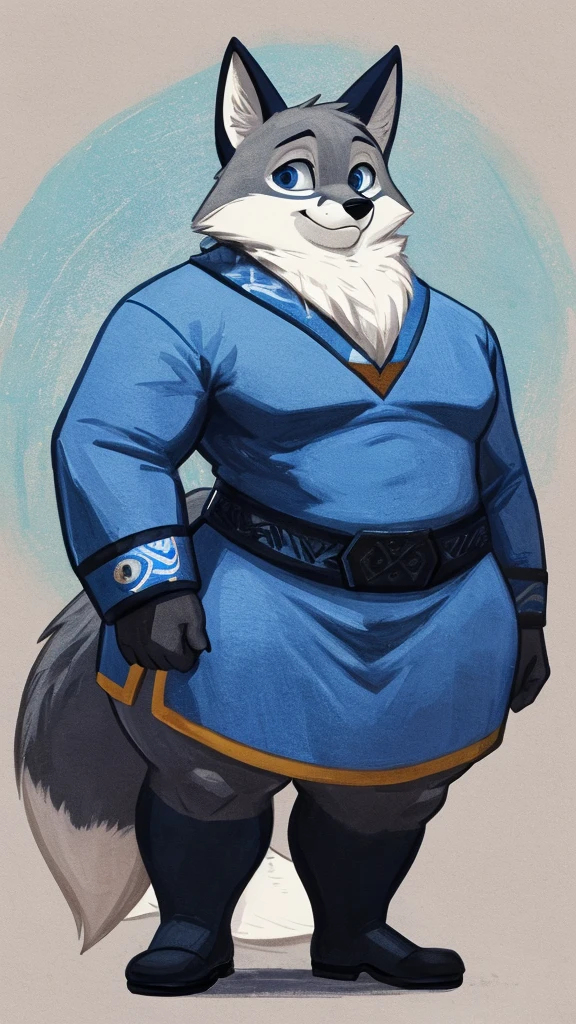 e621, grainy, symmetric, upper body, bright colorful Navy blue eyes markings, furry male, body fur, anthro Fox, solo, Cartoon, (best quality, masterpiece:1), detailed, Super flat chest, Gray fur, Thicc thighs, Wide hips, Large butt, Calm face, wearing Blue Tunic with White accent, Monochromatic colors.