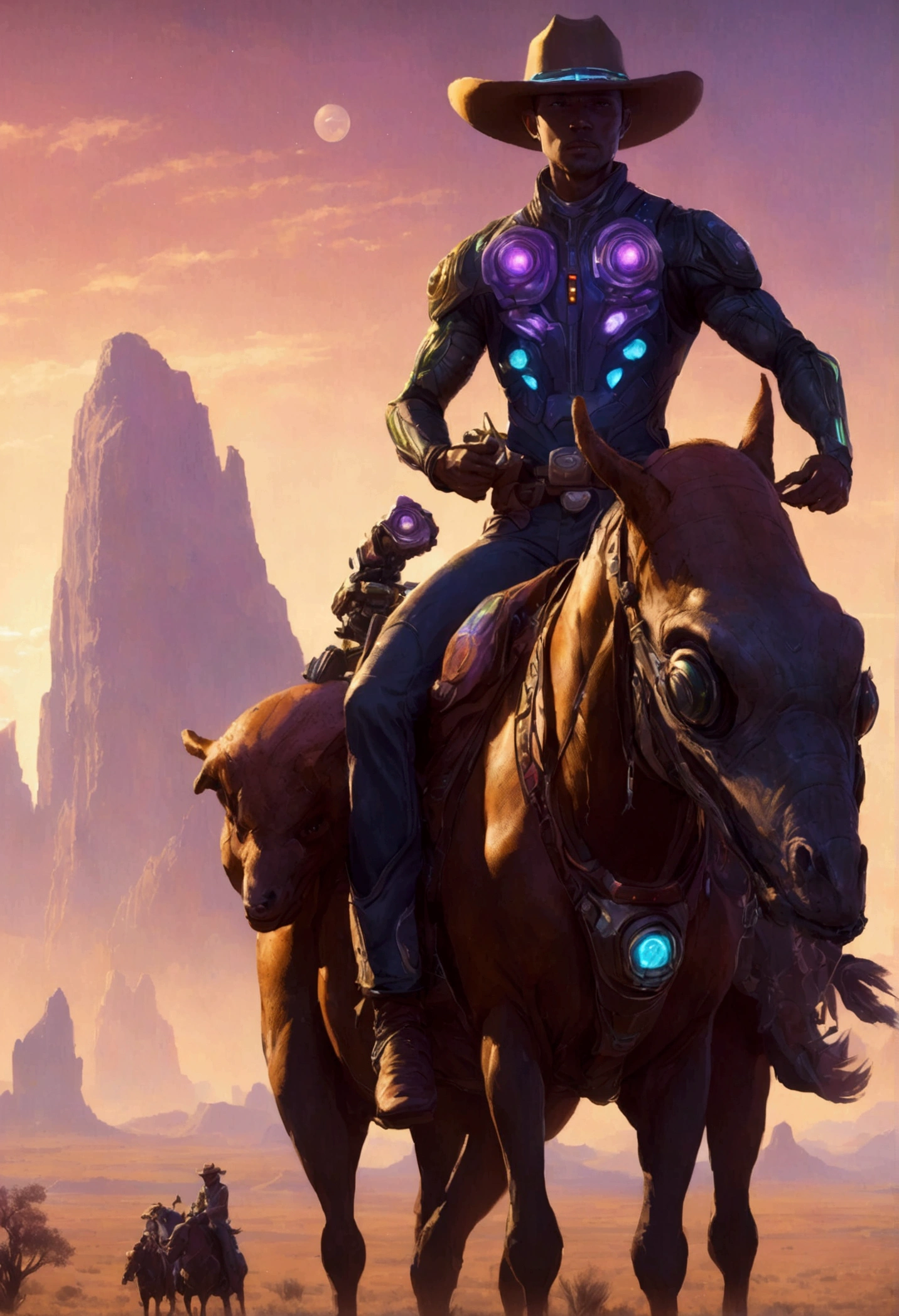 Alien cowboys (lean, big head, huge dark eyes, cowboy outfit, ray guns) are riding on crystalline beetles, alien plains with strange plants, violet skies, 2 suns
