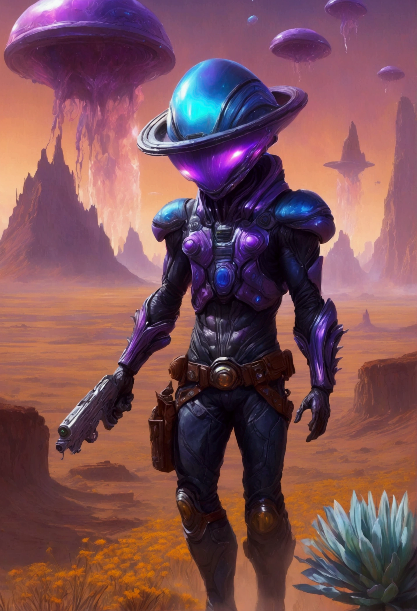 Alien cowboys (lean, big head, huge dark eyes, cowboy outfit, ray guns) are riding on crystalline beetles, alien plains with strange plants, violet skies, 2 suns