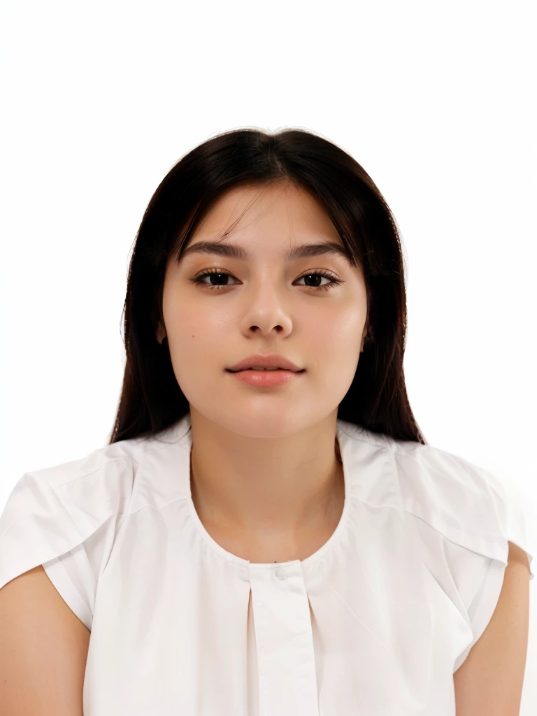 Young woman in white blouse with round neck, woman's face looking into the camera, hair with fringe