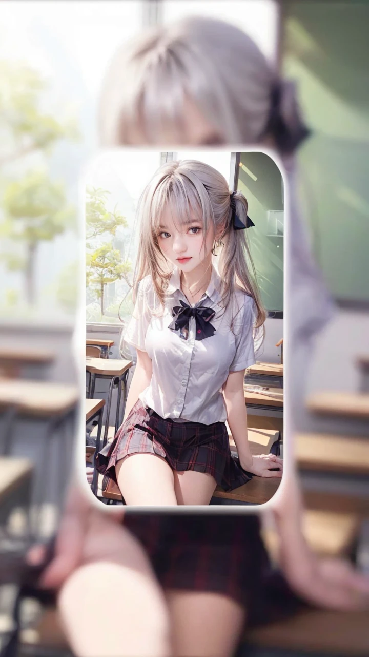 Best image quality, RAW photo, super high resolution, taken from the side, gentle smile, 16 years old Korean, very big breasts, tie, ribbon, school uniform, collared shirt, school uniform shirt, plaid skirt, fair skin, shiny white skin, short bob, bright silver hair, bright gray hair, neatly aligned bangs, beautiful eyes, beautiful eyes of random colors, very thin lips, beautiful eyes with details, Elongated eyes, pale pink blush, long eyelashes, beautiful double eyelids, eyeshadow, earrings, night school, dimly lit library at night, standing next to a bookshelf