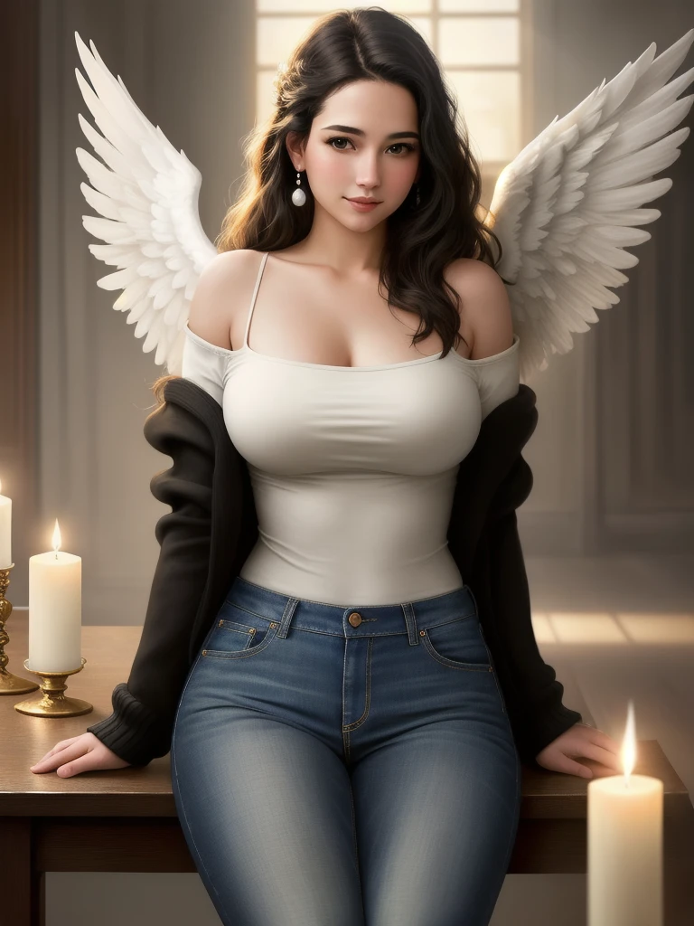 (ultra quality, 4k, 8k, high resolution, masterpiece: 1.2), ultra detailed, (realistic, photorealistic, photorealistic: 1.37) Hyperrealistic image of a young and beautiful woman, full body, big breasts, upturned nose, gray eyes, jeans, black sweatshirt, has angel wings, is smiling, has a wing of light over her head, the wing of light has pearl colors (candlelight, chiaroscuro). ), Portra 160 color, shot with ARRI ALEXA 65, bokeh, sharp focus on the subject,cyberpunk architecture, cinematographic atmosphere, hyperrealistic image, style photography Annie Leibovitz, ilya kuvshinov style, Semi-diffuse light, close-up, blur, 64k, UHD, HDR, (ultra quality), masterpiece, (intricate details), majestic, aesthetic