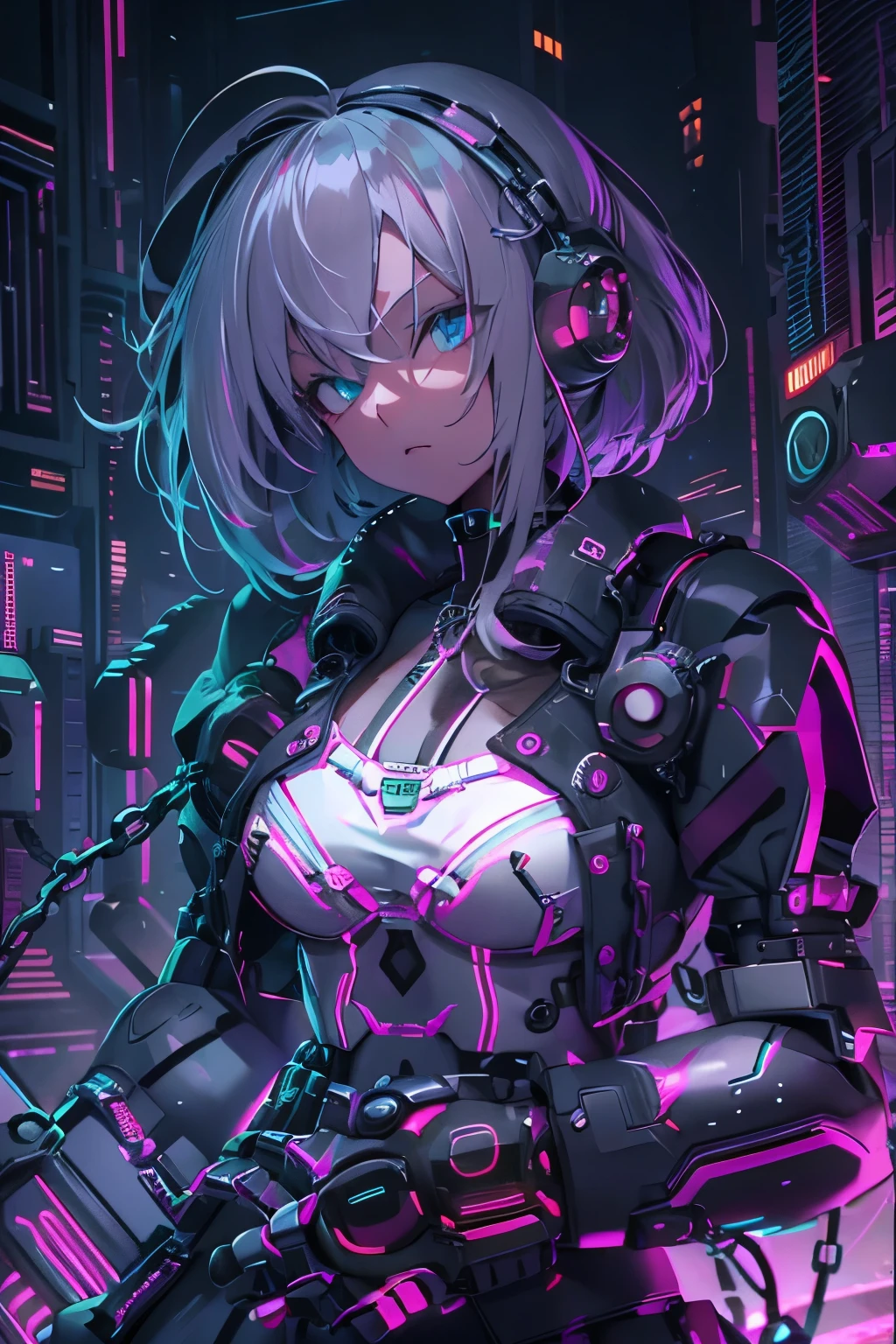 Android Girl,white hair,short and messy hair, purple neon eyes, Holding a chain whip,chains on the hands,chains action, chains around her arm, very cute, skirt, white blouse, cyberpunk style, eletronic gloves, mecanic parts, eletronic details,living room background.HD lighting and dark )(epic image quality) dark atmosphere with bright particle light(many effects in background), dinamic shot, robot, neon tweaks, cyberpunk theme