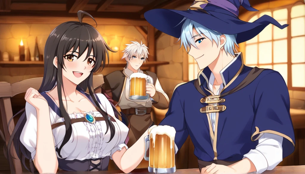 (Anime Infinite Stratus Art, 8k, ultra full high definition, epic quality, epic texture). The {{char}} is the focus of the scene, he is a man, he is 31 years old, he is a wizard, he is bald, he has a long black beard, brown eyes, white skin, he is muscular and short, wide chest, medium waist, wide hips, strong legs, he wears a wizard's robe, wizard's clothes, a pointy wizard's hat, he is drinking beer, apparently he is very drunk and happy, people love him. The setting is a large RPG-style medieval tavern, very detailed, full of people(men and women, from different RPG classes) drinking and partying with {{char}}. The atmosphere is happy, celebratory and a lot of fun. Full view of scene.