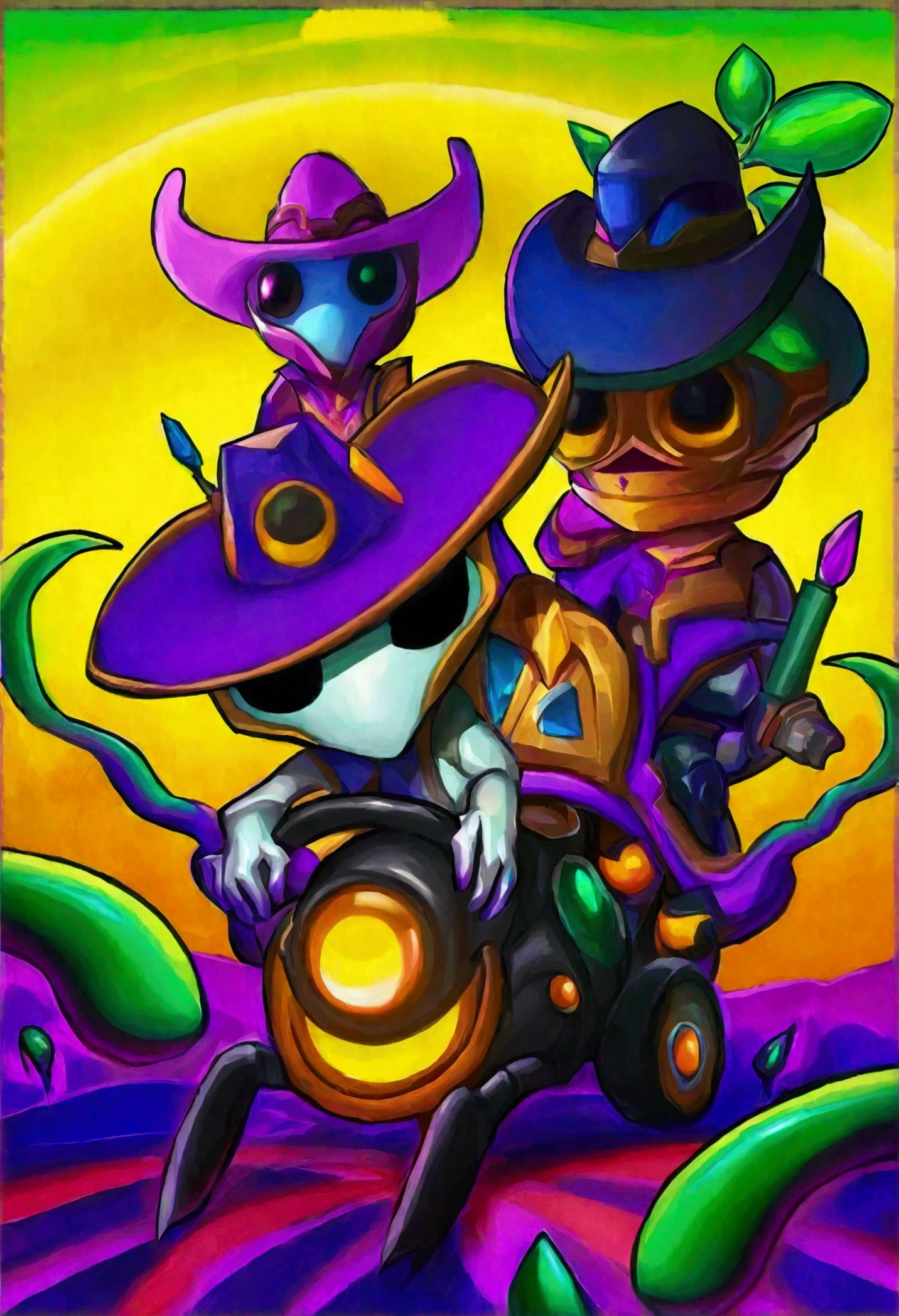 Alien cowboys (lean, big head, huge dark eyes, cowboy outfit, ray guns) are riding on crystalline beetles, alien plains with strange plants, violet skies, 2 suns
