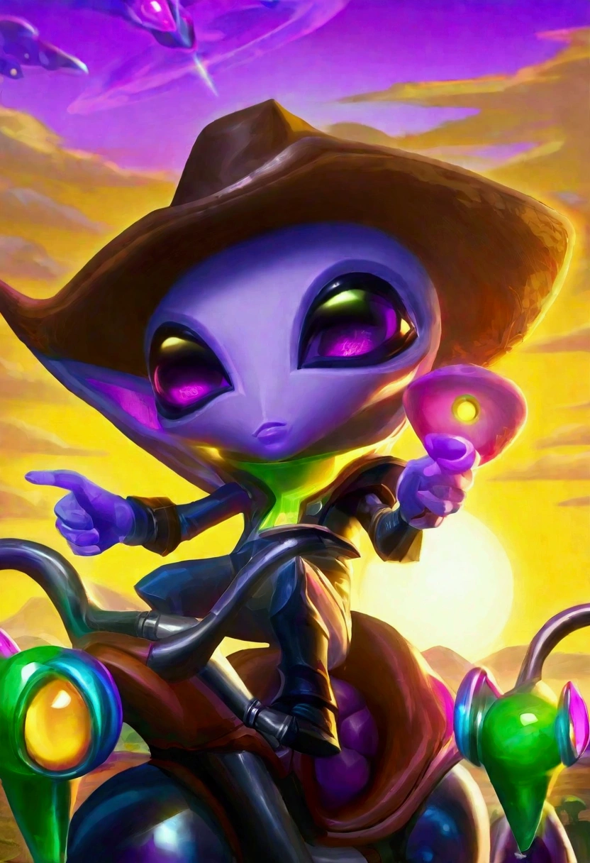 Alien cowboys (lean, big head, huge dark eyes, cowboy outfit, ray guns) are riding on crystalline beetles, alien plains with strange plants, violet skies, 2 suns
