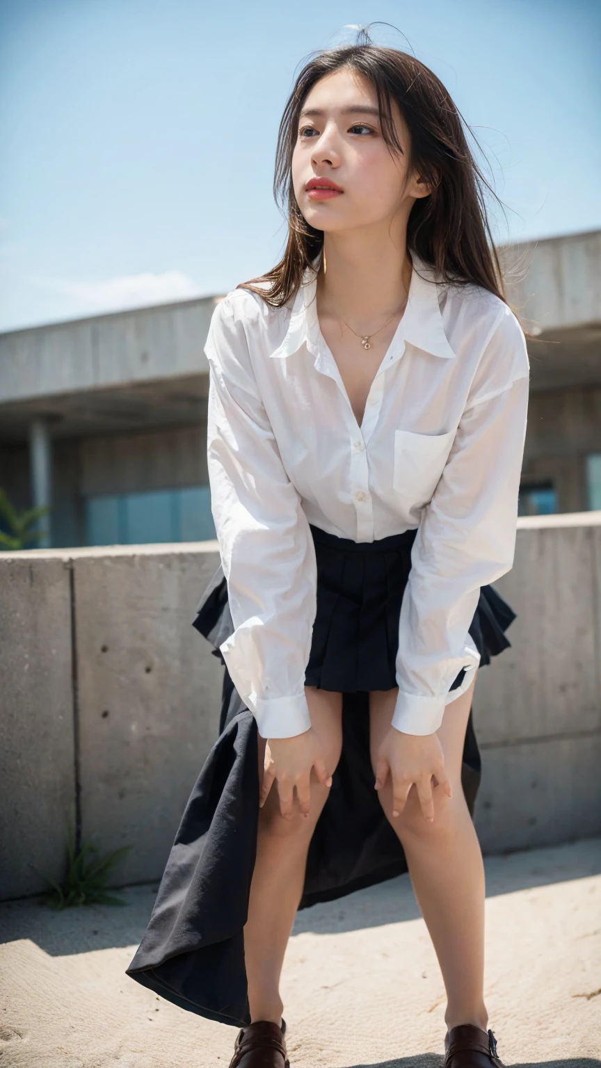 (((Low angle shooting、Looking into the camera:1.22,Leaning forward、Open shirt、No underwear)))、(((8k、Highest quality、masterpiece、Ultra-high resolution)))、(Realistic:1.4)、RAW Photos、(Realistic skin texture:1.3)、(Film Grain:1.3)、((Are standing、Skirt flutters in strong winds、Under the skirt、Do not bend your legs、Don'don't bend your knees、Spread your thighs、Beachside、))、One Girl、Beautiful and detailed eyes and face、masterpiece、Highest quality、close、thin、Japanese Uniform、dynamic、barefoot、Various poses、