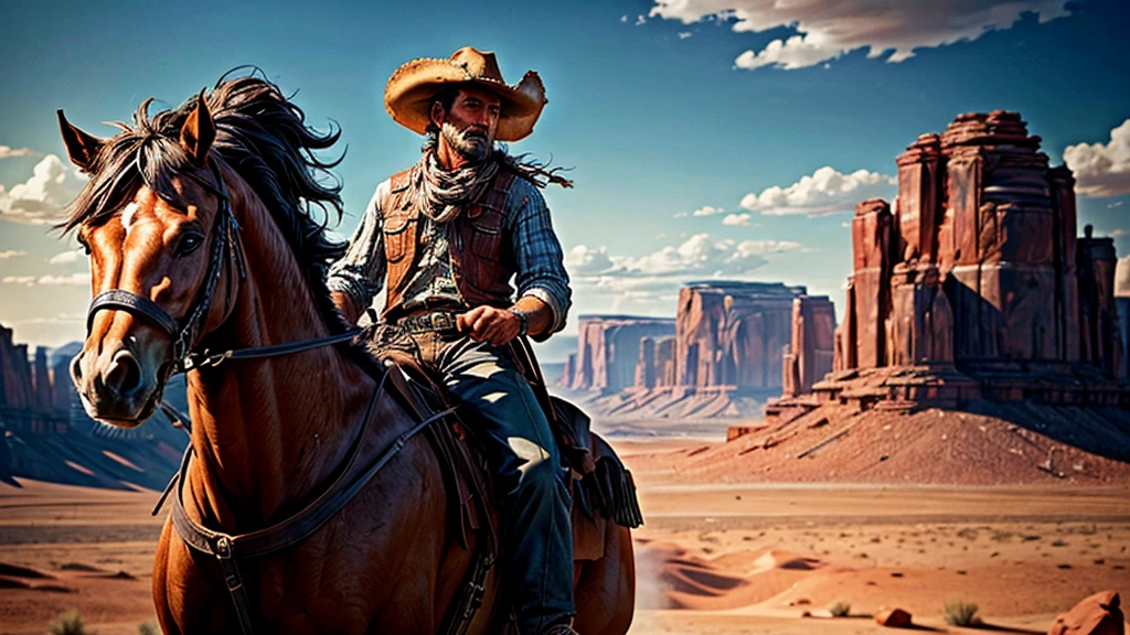 a rugged cowboy riding a horse through the wild western landscape, detailed facial features, detailed clothing, detailed horse, beautiful desert scenery, wide open skies, dramatic lighting, cinematic composition, photorealistic, 8k, (best quality,4k,8k,highres,masterpiece:1.2),ultra-detailed,(realistic,photorealistic,photo-realistic:1.37),HDR,UHD,studio lighting,ultra-fine painting,sharp focus,physically-based rendering,extreme detail description,professional,vivid colors,bokeh,dramatic lighting,cinematic composition,western,cowboy,horse,desert,wilderness,adventure