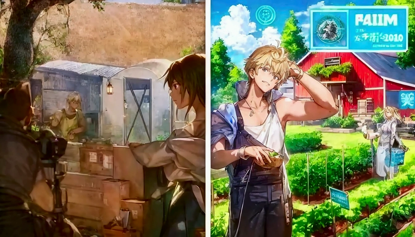 two pictures of a farm with a farmer and a woman, makoto shinkai and bioware, anime cover, ๐ช ๐จ;๐๐, trending on pixiv, snk, xqc, detailed game art, mobile game art, pixiv trending, mobile game, isekai, ben maier and sakimichan