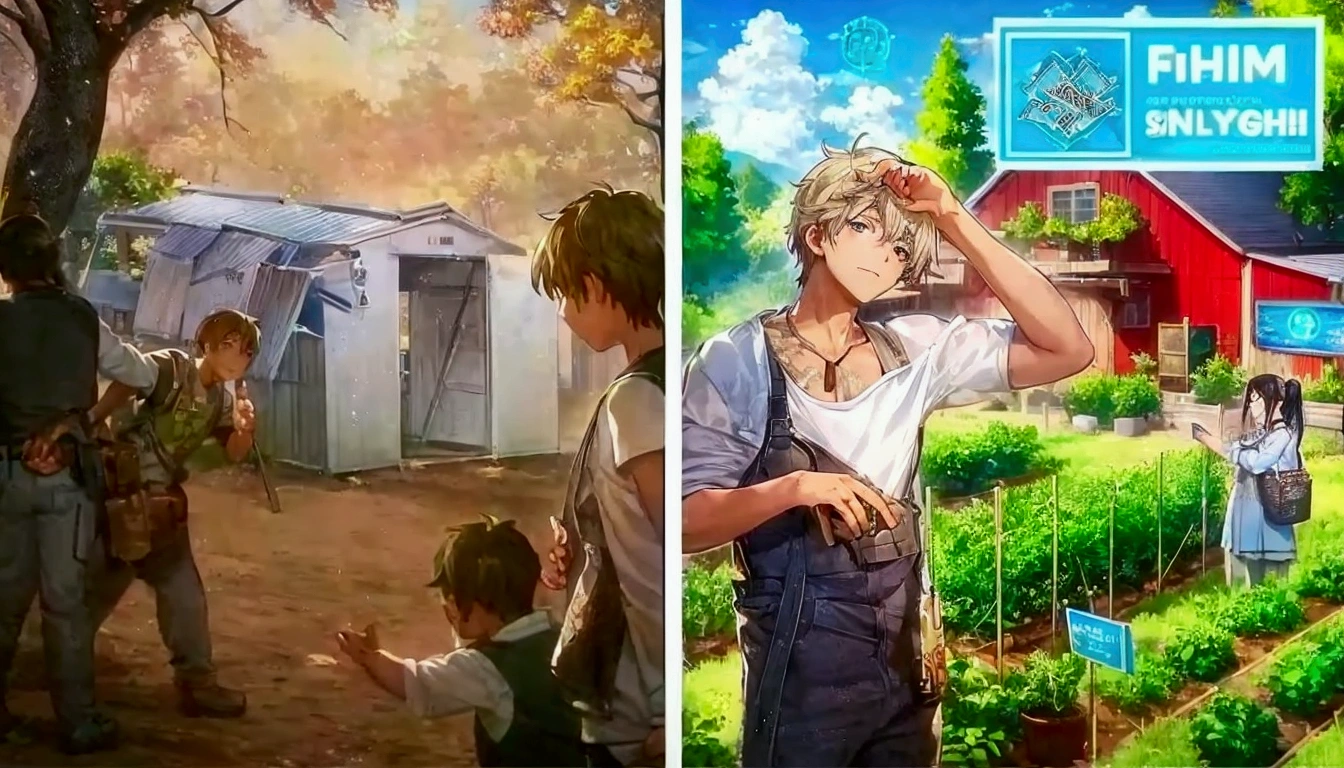 two pictures of a farm with a farmer and a woman, makoto shinkai and bioware, anime cover, 🪔 🎨;🌞🌄, trending on pixiv, snk, xqc, detailed game art, mobile game art, pixiv trending, mobile game, isekai, ben maier and sakimichan