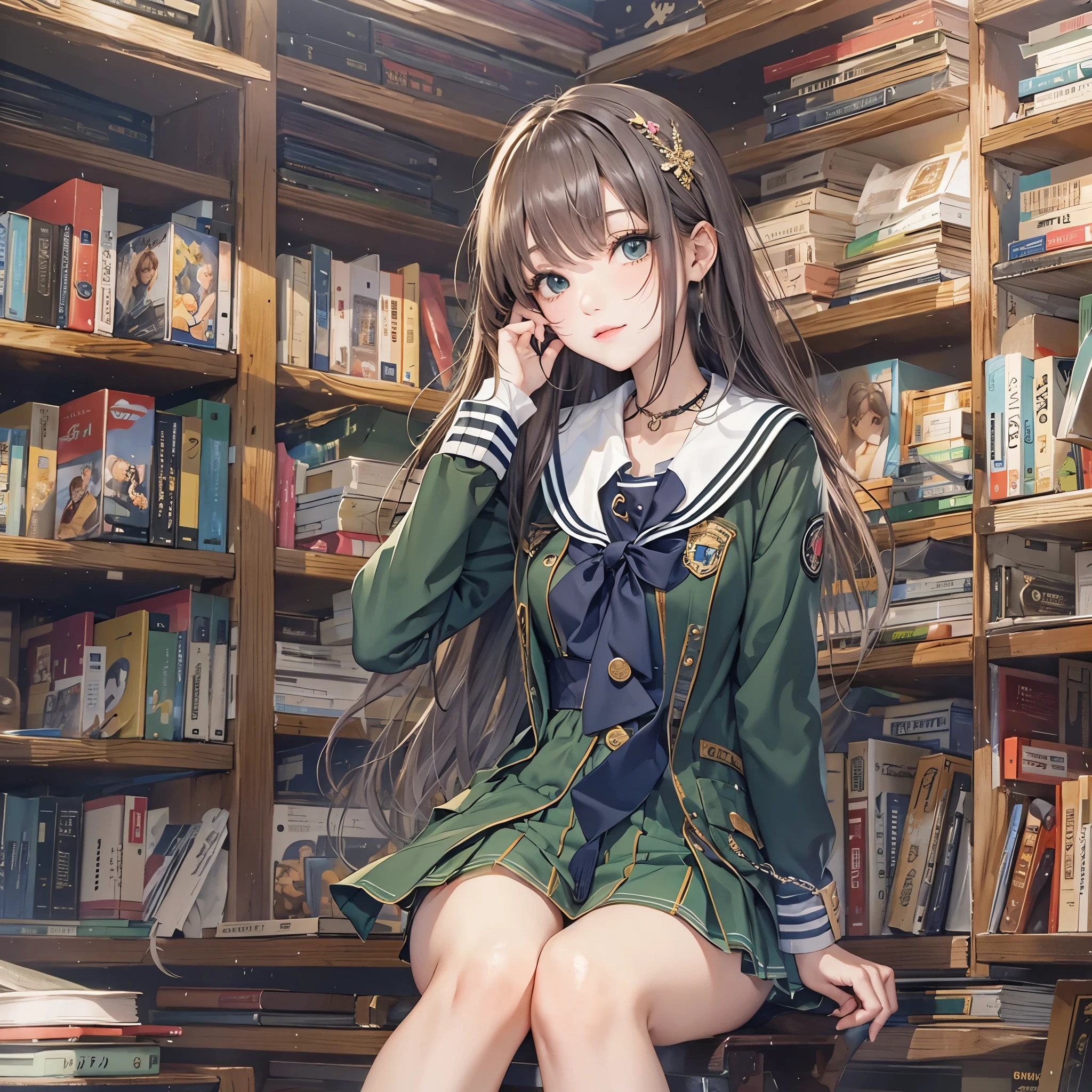 Imagine an MBTI intermediary、Make a high school girl wearing a green sailor uniform。The background is a stylish school library.。