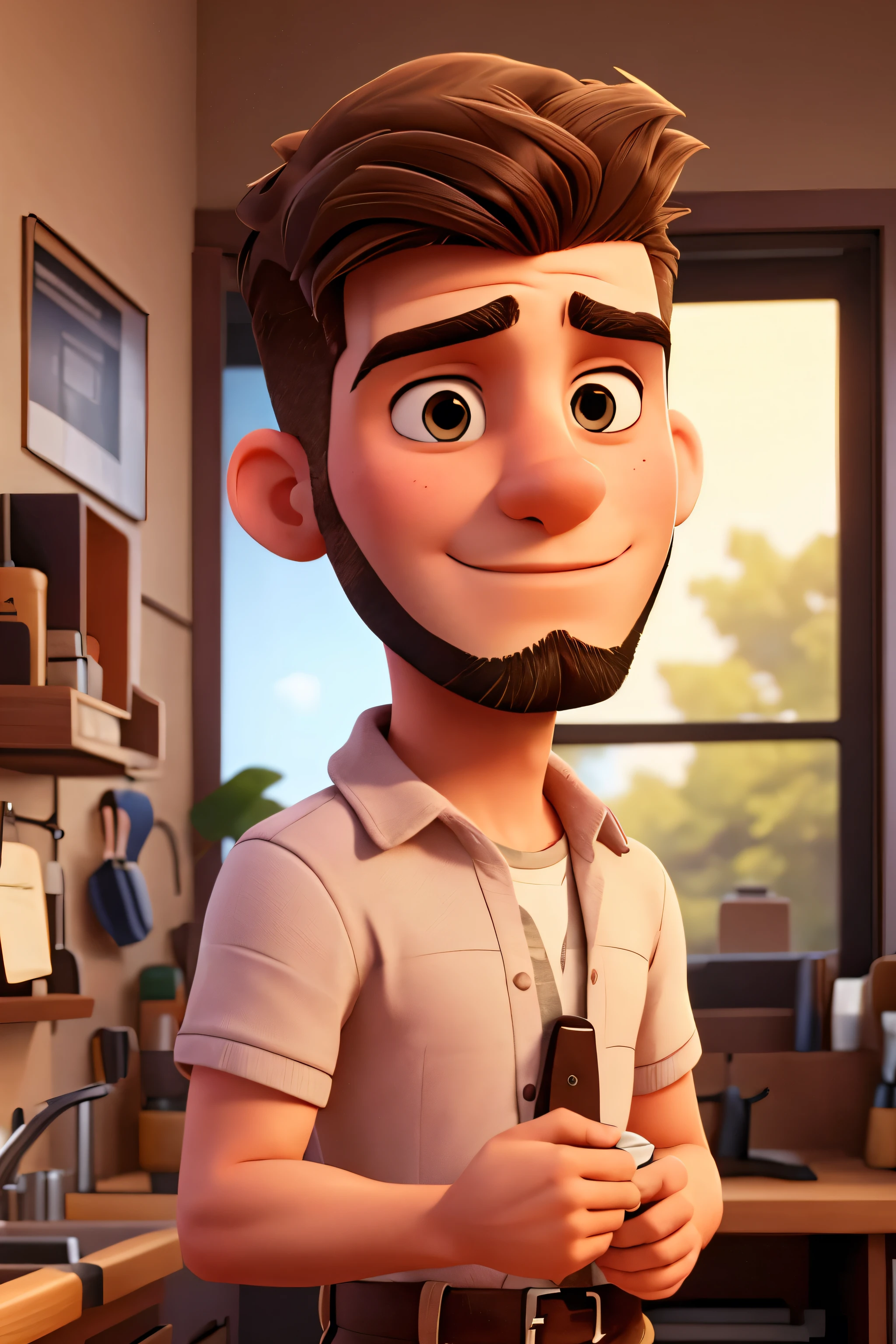 male 25 years old, shaven hair, with a short beard, looking straight ahead, with graphs in hands