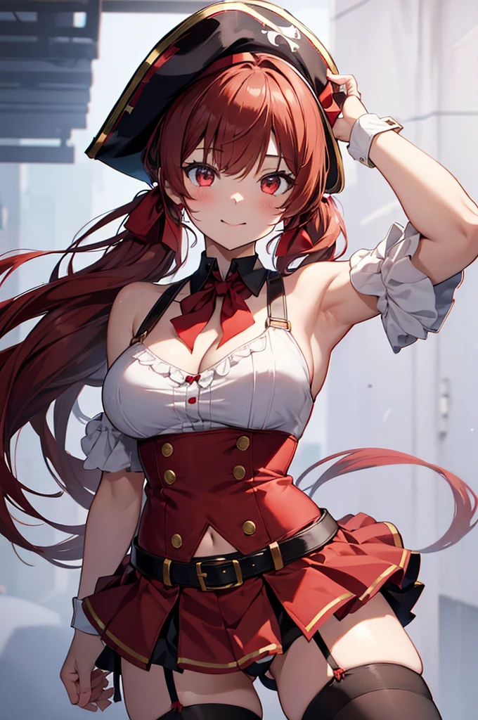 houshou marine, 1girl, solo, long hair, breasts, looking at viewer, blush, smile, bangs, large breasts, red eyes, thighhighs, hat, ribbon, navel, cleavage, bare shoulders, twintails, swimsuit, hair ribbon, yellow eyes, bikini, red hair, sky, tongue, belt, black thighhighs, tongue out, armpits, off shoulder, red ribbon, ascot, heterochromia, :q, red ascot, pirate hat