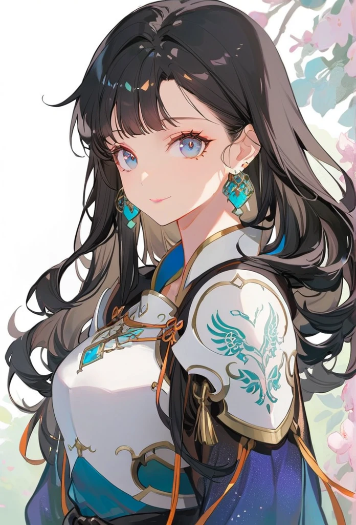 1 Girl, armor, Black_hair, Blur of, Blur of_background, Blur of_prospect, breast, Blue_Eye, closure_Mouth, depth_of_site, earrings, jewelry, 长of_hair, Watching_exist_Viewer, Smile, Alone of, upper_Body