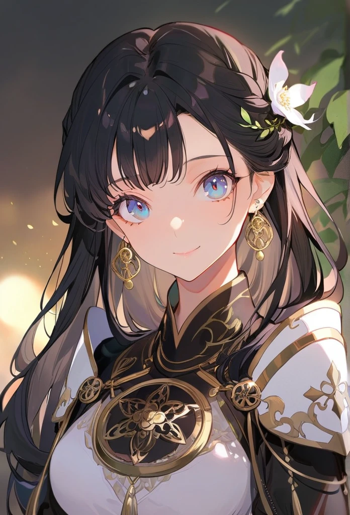 1 Girl, armor, Black_hair, Blur of, Blur of_background, Blur of_prospect, breast, Blue_Eye, closure_Mouth, depth_of_site, earrings, jewelry, 长of_hair, Watching_exist_Viewer, Smile, Alone of, upper_Body