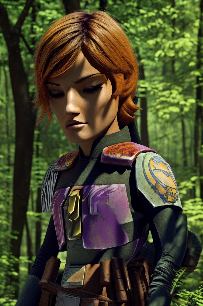 a young girl, sabine wren, female character from star wars, detailed face, beautiful eyes, long eyelashes, detailed facial features, intricate hairstyle, rebel uniform, holding blaster pistol, outdoor forest environment, detailed foliage, sunlight filtering through trees, cinematic lighting, photorealistic, 8k, best quality, masterpiece