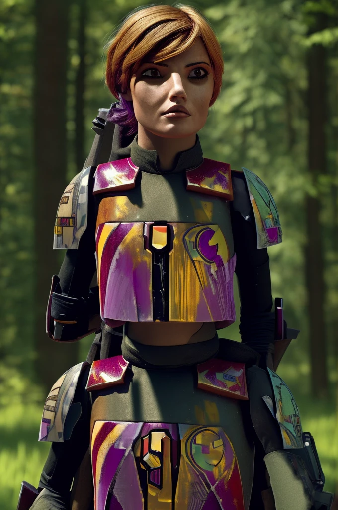 a young girl, sabine wren, female character from star wars, detailed face, beautiful eyes, long eyelashes, detailed facial features, intricate hairstyle, rebel uniform, holding blaster pistol, outdoor forest environment, detailed foliage, sunlight filtering through trees, cinematic lighting, photorealistic, 8k, best quality, masterpiece