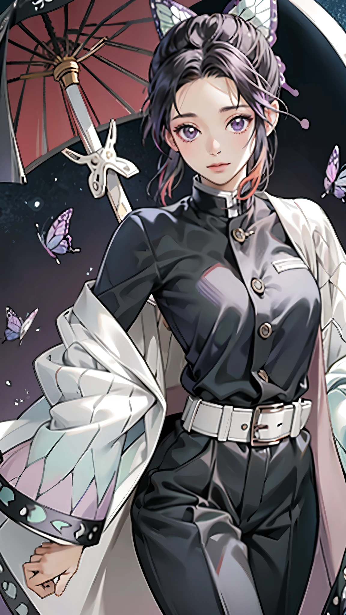 Realistic, High resolution, Soft Light,1 Female, alone, Hip Up, (Detailed face), we \(one piece\), tattoo, jewelry,kochou shinobu,Multicolored Hair,No bangs,Hair Intake,Purple eyes,amount,Black Shirt,Black trousers,Haori,butterfly,button,belt,