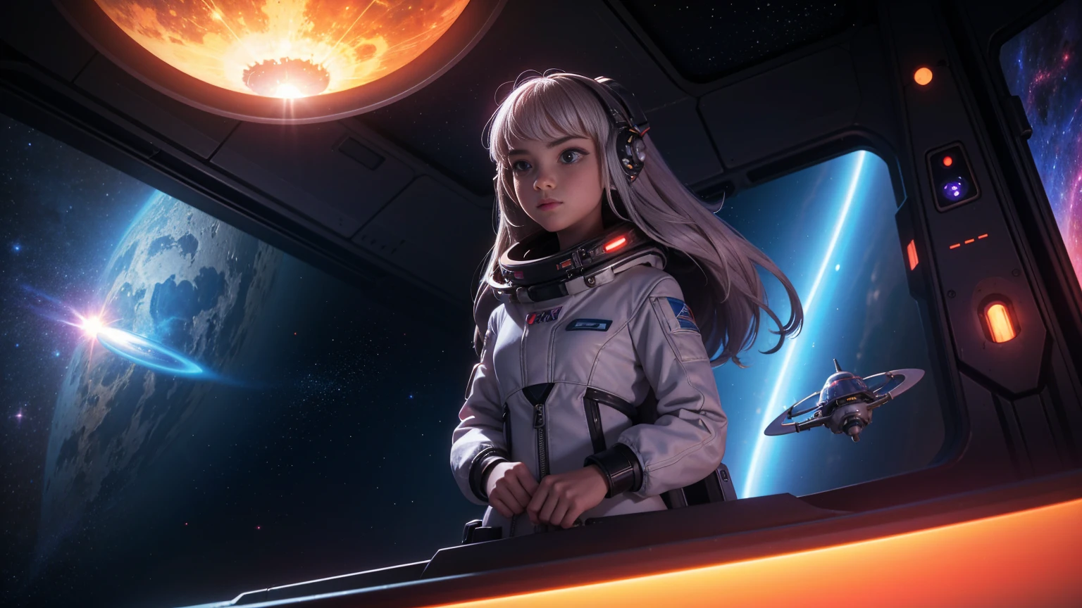 A age girl wearing futuristic outfits, inside a space capsule in space, in the background of the image a burning planet, spaceships flying in the background, style sci-fi