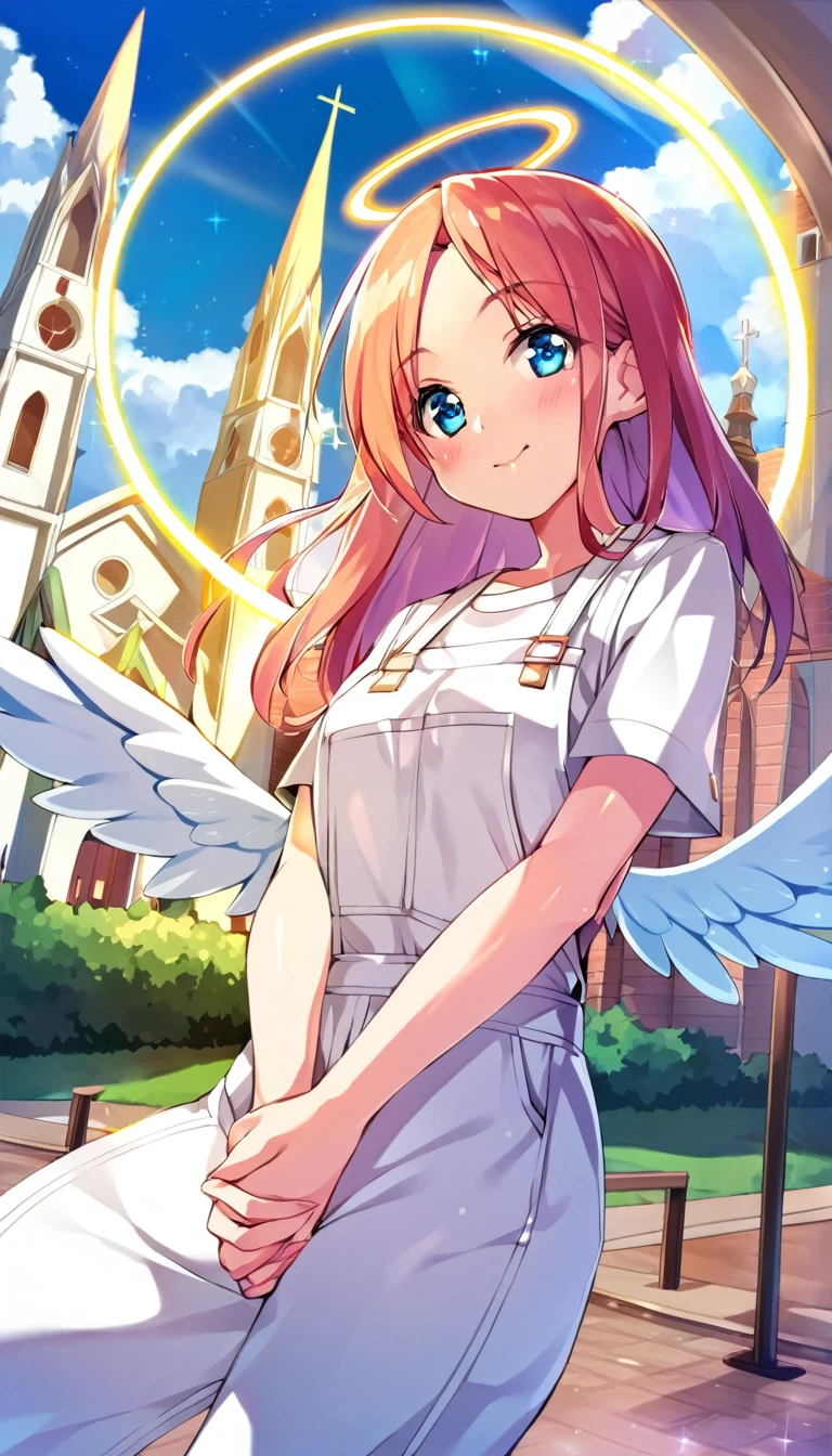 One pretty girl, angel, angel wings, angel circle, sacred, cute, sparkling church-like building in background, shiny overall, facing front, hands clasped in front