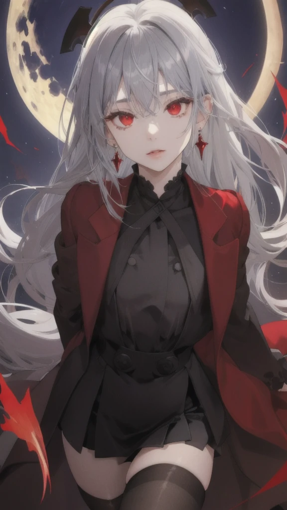 (Highest quality,Very detailed,High resolution:1.2),One Girl,Gray Hair,The most beautiful girl in human history,暗い red eyes (暗いred eyes:1.1),さみし気な aura(aura:1.1),(mysterious,Ghostly:1.1) atmosphere,Looks like half a demon,(Demonic traits,Demonic traits),(Elaborate,wonderful) Earrings,E-cup bust,Small Ass,Elongated beautiful legs、Black long coat、Black Stockings,girdle,mini skirt,Red camisole,Medium-long hair,A big full moon shines in the dark night sky、Dirty body、Clear eyes、Cross-eyed