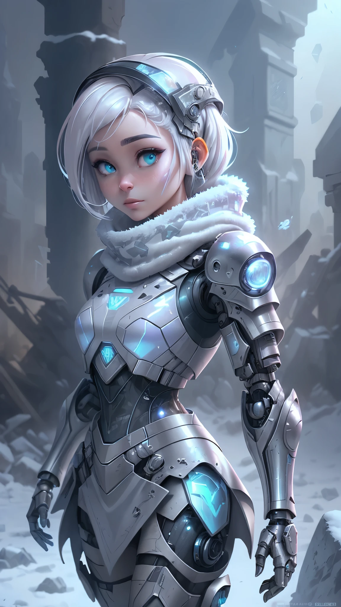 (The best quality,A high resolution,ultra - detailed,actual),Ariana Grande wearing a helmet and a scarf with a camera attached to it, dystopian sci-fi character, cyberpunk statue, cyberpunk nun warrior, (dystopian scifi gear:1.4) ,(white gray hair :1.4), scifi character, sci - fi character, hyper-realistic cyberpunk style, cyberpunk helmet, (fashionable cyberpunk mechanoid:1.4) , zbrush central contest winner, cyberpunk style ， hyperrealistic, ,(Ruined dungeon ruins background:1.4 ), epic fantasy art style hd, 4K fantasy art, epic fantasy digital art style, epic fantasy art style, Fantasy Woman, epic fantasy art portrait, Epic fantasy style, hyperrealistic fantasy art, hd fantasy art, epic fantasy character art, epic fantasy art, in style of dark fantasy art, epic fantasy digital art, (cinematic lighting :1.4),( face detailed :1.4),( Ariana Grande :1.4),( He has a camouflage white military helmet plomo metallic transparent :1.4), (frozen snow background falling :1.4),( large stones frozen ice :1.4), (falling snowflakes :1.4), (cowboy pose), (mini skirt white cyborg transparent :1.4),( war battle playing field background :1.4), (an alien invasion at the bottom :1.4), (armadura alienígena white Cyborg plastic transparent :1.4), (transparent visible circuits :1.4) 