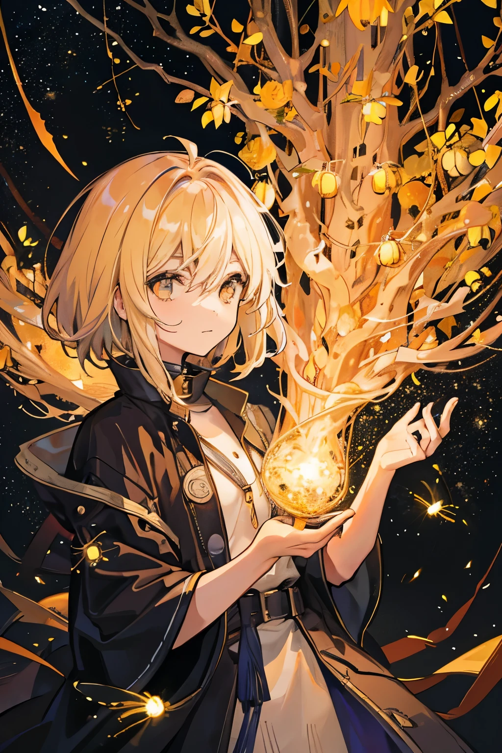 A person made of fireflies., surrounded by fireflies.