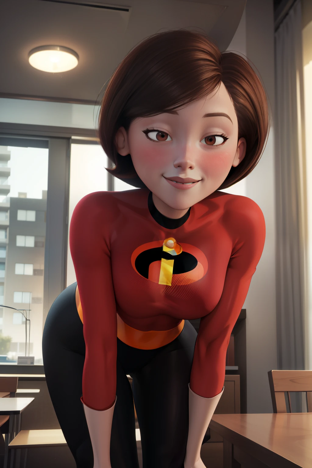 high quality, masterpiece, best quality, helenparr, 3d, 3d character, disney character, the incredibles, helen parr, looking at viewer, closed smile, brown hair, brown eyes, mature female, revealing clothes, forced smile, standing, blush, half-closed eyes, smile, empty eyes/no highlights (Leaning forward:1.5), Arms Down, ((Perfect Anatomy, beautifull detailed face, Beautiful detailed eyes, beautiful detailed hair, Beautiful detailed body)), thick outline, Beautiful outlines, black outlines, short hair, closed mouth, night, warm lighting, indoors