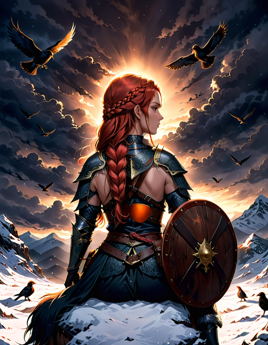 A digital illustration of A female warrior seen from behind, with long red braided hair , holding a decorated axe on her shoulder and a round wooden shield strapped on her back. she wearing dark fur and leather armor ,sitting on horseback with a belt that has a pouch and a sword attached. Several birds fly in the distance, adding to the dramatic and moody atmosphere.in a snowy and cloudy environment, The lighting is dim with subtle highlights on the warrior, indicating either dawn or dusk, and the scene conveys a sense of strength and solitude.