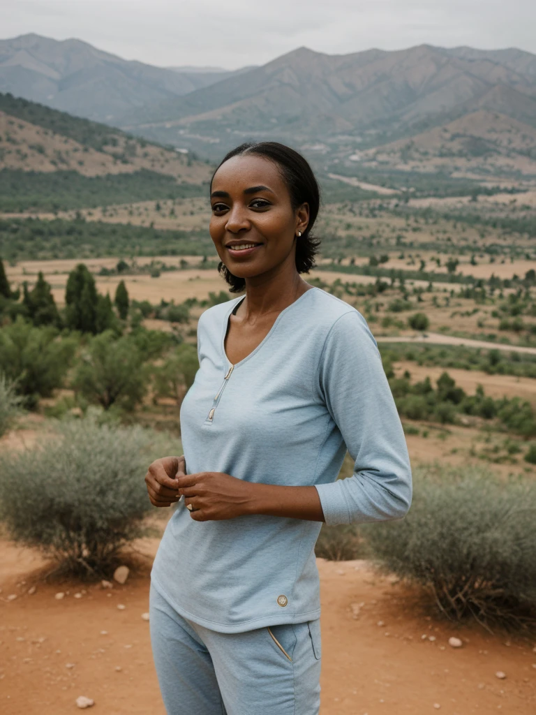 Amira, 1girl, solo, ((Sudanese woman)), consistent face and body, ((MILF)), ((50 years old)), (mature), ((slim)), ((Sudanese face)), (Sudanese nose), (Sudanese lips), short hair, upper body and upper legs, (background: Rif Mountains in Morocco), BREAK, (wearing stylish Comfortable hiking clothes)