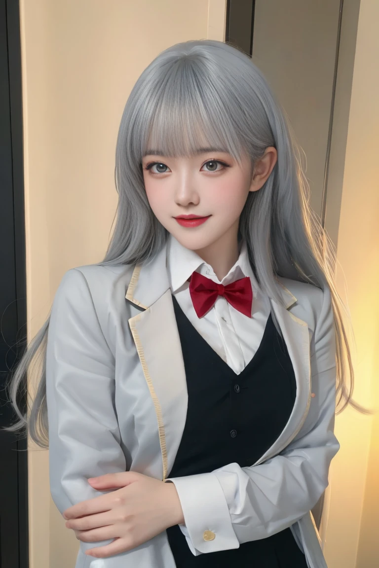 ulzzang-6500-v1.1,(raw photo:1.2),((photorealistic:1.30)), ((best quality)) ,((masterpiece)),((Ultra High Resolution)), ((Clear View)),,Ultra-high resolution,Clear face,(Reality:1.4) , illustration, an extremely delicate and beautiful, extremely detailed ,CG ,unity ,8k wallpaper, Amazing, finely detail, masterpiece,best quality,official art,extremely detailed CG unity 8k wallpaper,absurdres, incredibly absurdres, huge filesize, ultra-detailed, highres, extremely detailed,beautiful detailed girl, extremely detailed eyes and face, beautiful detailed eyes,light on face,cinematic lighting, 1girl, 独奏, bangs, alya(roshidere), (white hair:1.3), long hair, bangs, Blue eyes, hair ribbon, ahoge, (red ribbon), skirt, shirt, long sleeves, bow, , jacket, white shirt, pleated skirt, collared shirt, bowtie, black skirt, red bow, red bowtie, blazer, (grey blazer:1.3), long sleeves, upper body view, smile,