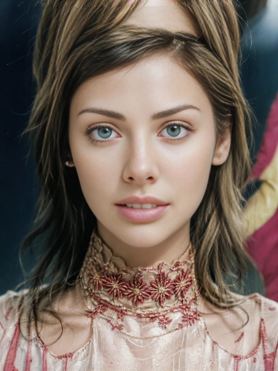 blonde girl, big beautiful green eyes, slim about 45 kilos, 150 centimeters tall, perfect waist, beautiful and perfect smile, beautiful and perfect appearance, real life, hyper real, high quality details, extremely real, real photo, extremely meticulous image, great quality of details with great and beautiful luminosity, 8k, photograph taken with a nikon z8 with a Nikkor Z 50mm f/1.8 S lens. perfect accessories. dressed in a beautiful short, flowered miniskirt up to the thighs, a red t-shirt, a denim jacket and sneakers. (((Real Life)))