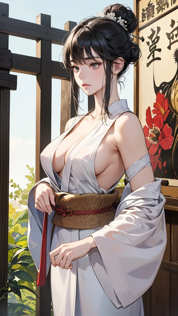 (perfect anatomy:1.2)(absurdres, highres, ultra detailed),masterpiece,best quality,high resolution,8k,Realistic face,Realistic skin texture,magnified textures, stunning clarity,detailed anime girl,(ultra detailed eyes and face),15 years old,black hair,single bun,pale skin,Japanese shrine maiden, mysterious eyes,She hides her body with a white bath towel,thin body type,big breasts,,(expressionless:1.2).onsen in Steampunk in the Edo Period、(Vivid hieroglyph signs and street advertisements:1.2)、sautumn、hieroglyph,look at far away,,Delicate atmosphere、,cowboy shot