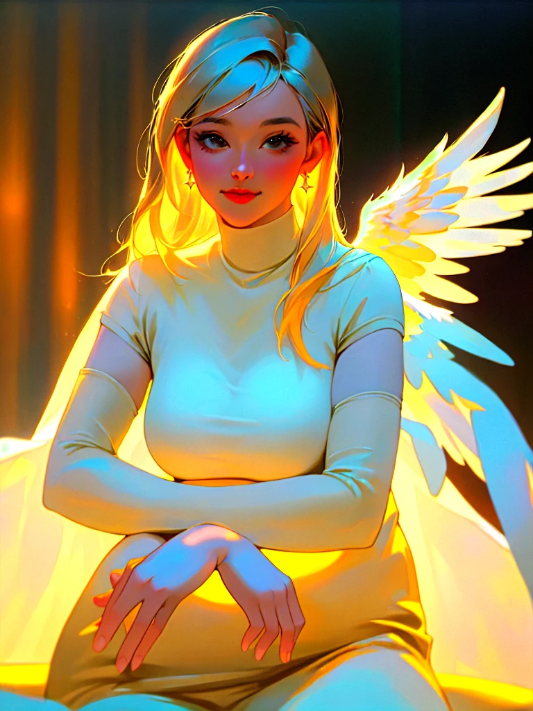 (ultra quality, 4k, 8k, high resolution, masterpiece: 1.2), ultra detailed, (realistic, photorealistic, photorealistic: 1.37) Hyperrealistic image of a young and beautiful woman, full body, big breasts, upturned nose, gray eyes, jeans, black sweatshirt, has angel wings, is smiling, has a wing of light over her head, the wing of light has pearl colors (candlelight, chiaroscuro). ), Portra 160 color, shot with ARRI ALEXA 65, bokeh, sharp focus on the subject,cyberpunk architecture, cinematographic atmosphere, hyperrealistic image, style photography Annie Leibovitz, ilya kuvshinov style, Semi-diffuse light, close-up, blur, 64k, UHD, HDR, (ultra quality), masterpiece, (intricate details), majestic, aestheti