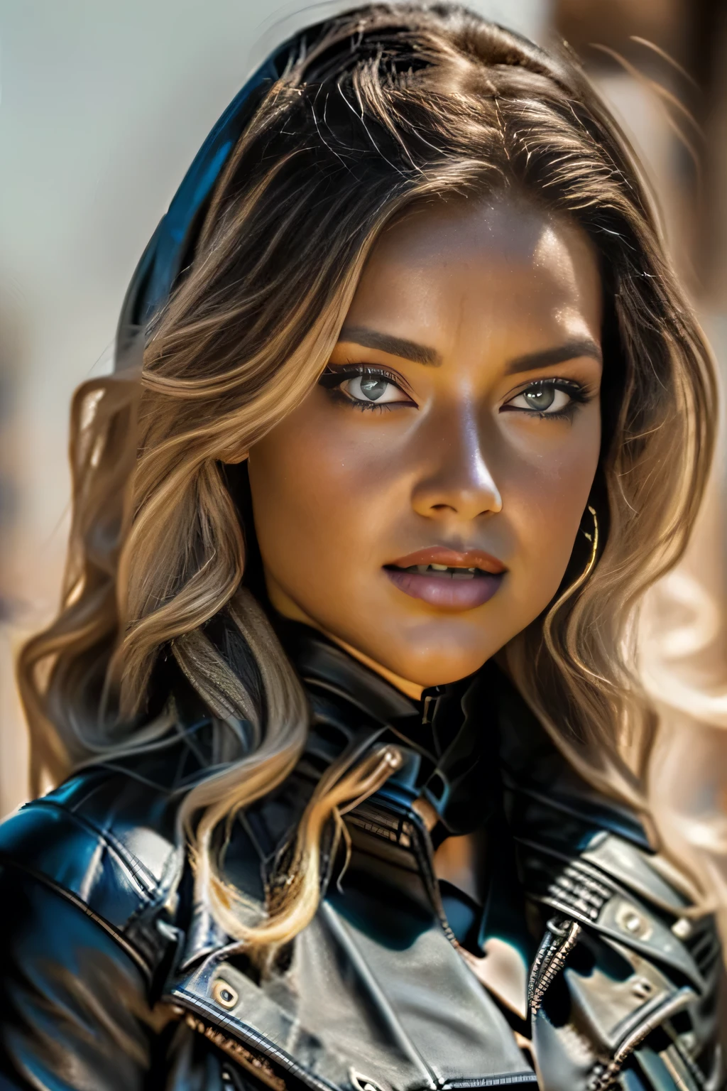 (((Face close-up)))、Long curly dark blonde hair, Gorgeous eyes, Detailed body、Detailed face、Detailed eyes、Detailed eyebrows、Captivating look, The line of sight is this、Big Tits, Exposed cleavage, (Black leather jacket, Black leather leotard:1.5), Black high leg leotard, Stiletto heels, Modern metropolis Paris France neon signs background at midnight, Spot lighting, Hair backlight, Shallow depth of field, Bokeh, ((Pause_random))、masterpiece, 最high quality, high quality, High resolution, (Face close-up)、