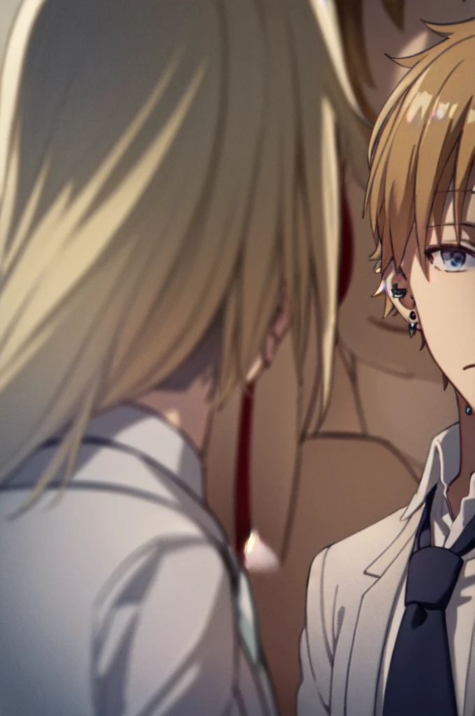 Masterpiece, best quality, 1boy, upper body, necktie, (black ear piercing), closed mouth, simple backround, blonde hair, expressionless, short hair, jacket off shoulder