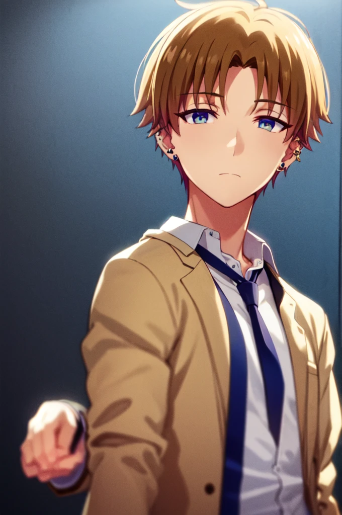 Masterpiece, best quality, 1boy, upper body, necktie, (black ear piercing), closed mouth, simple backround, blonde hair, expressionless, short hair, jacket off shoulder