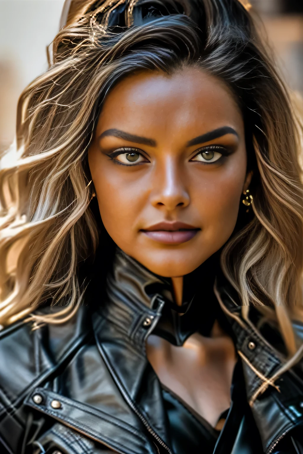 (((Face close-up)))､Long curly dark blonde hair, Gorgeous eyes, Detailed body､Detailed face､Detailed eyes､Detailed eyebrows､Captivating look, The line of sight is this、Big Tits, Exposed cleavage, (Black leather jacket, Black leather leotard:1.5), Black high leg leotard, Stiletto heels, Modern metropolis Paris France neon signs background at midnight, Spot lighting, Hair backlight, Shallow depth of field, Bokeh, ((Pause＿random))､masterpiece, 最high quality, high quality, High resolution, (Face close-up)､