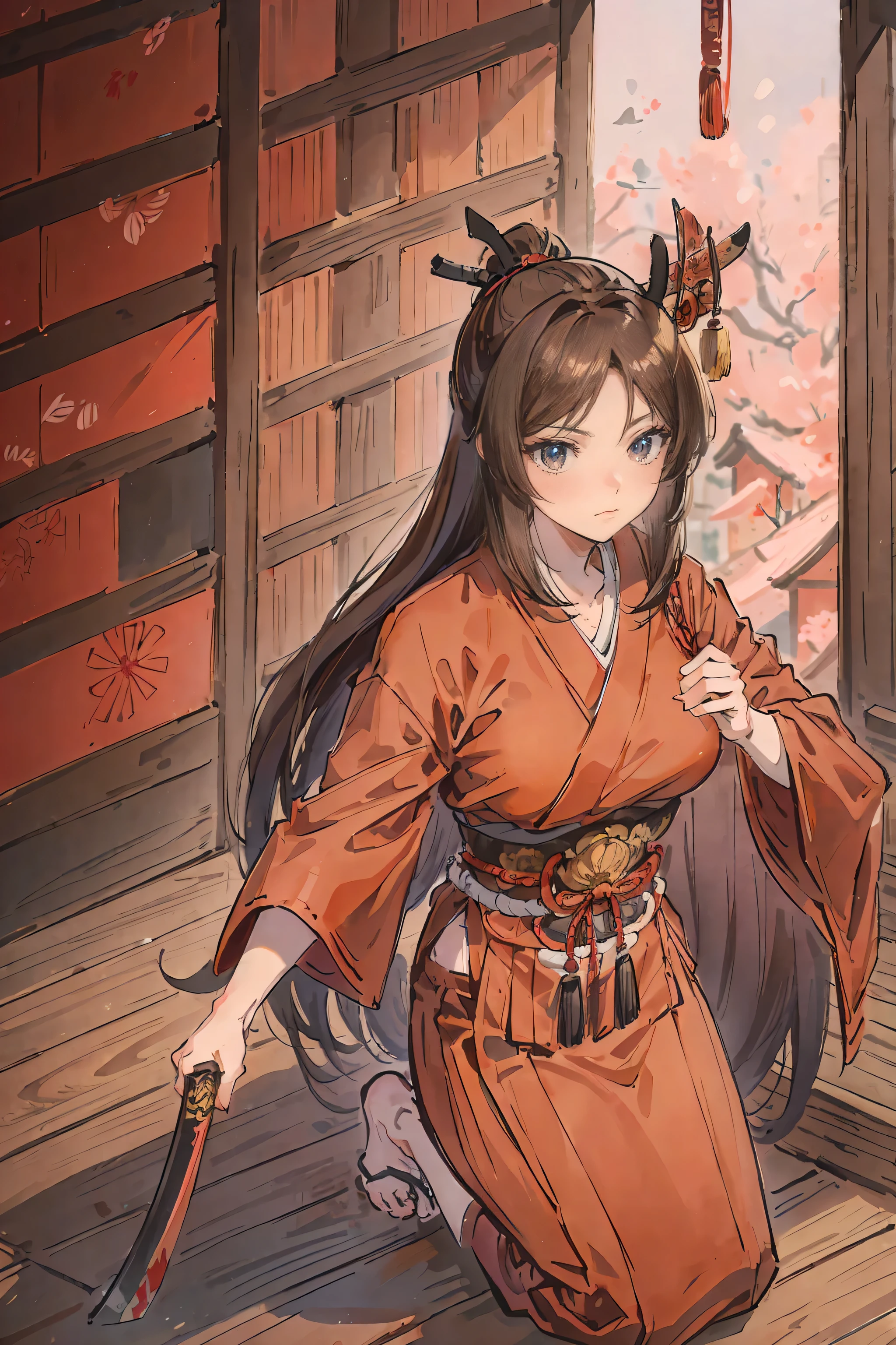 Ninjagirl, a brown haired , wearing a red samurai armor, long hair, fasion hair, samurai armor, slim body, shirt ornament, hakama, tall 165cm, 22yearold, samurai, katana, female, beautiful, sexy