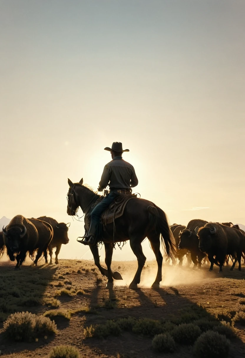 (masterpiece, best quality, super detailed, wide shot), silhouette, (Western cowboy on horseback), He chases a large herd of buffalo toward the viewer, covered wagon together, In the wilderness of western North America in the 19th century, With the setting sun in the background, Dynamic Motion Blur, Cinema Lighting, Dynamic action scenes