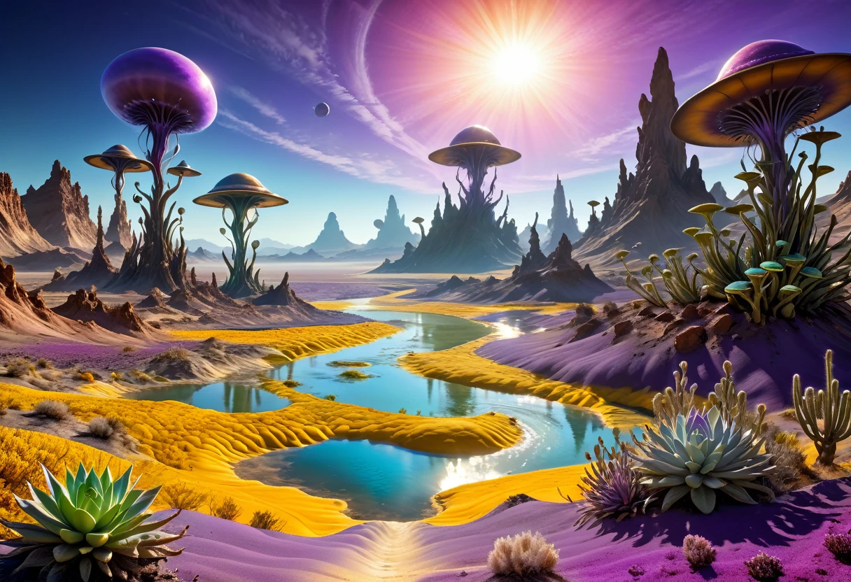 Alien Landscape: 1.5, (best quality, Master of Peace: 1.3), (Ultra Detailed, surreal colors: 1.5), Cosmic, Alien and surreal landscapes.... 3 suns, Purple sky color, Sulphur River Desert Landscape, Flying plants in various colors, Perfect composition, Best exposure (Golden Ratio: 1.2), HDR, Drama and Lighting, Surrealist tendencies, Trends in CG society, Professional photography, Lots of details, ((perfect: 1.3, Meticulous attention to detail: 1.5, Flawless, HD: 1.4, Movie: 1.4), ((Work Supervisor)), (Ultra Detailed: 1.4), (Reality: 1.4), epic, night : 1.4, 32K.