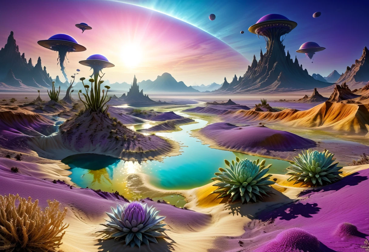 Alien Landscape: 1.5, (best quality, Master of Peace: 1.3), (Ultra Detailed, surreal colors: 1.5), Cosmic, Alien and surreal landscapes.... 3 suns, Purple sky color, Sulphur River Desert Landscape, Flying plants in various colors, Perfect composition, Best exposure (Golden Ratio: 1.2), HDR, Drama and Lighting, Surrealist tendencies, Trends in CG society, Professional photography, Lots of details, ((perfect: 1.3, Meticulous attention to detail: 1.5, Flawless, HD: 1.4, Movie: 1.4), ((Work Supervisor)), (Ultra Detailed: 1.4), (Reality: 1.4), epic, night : 1.4, 32K.