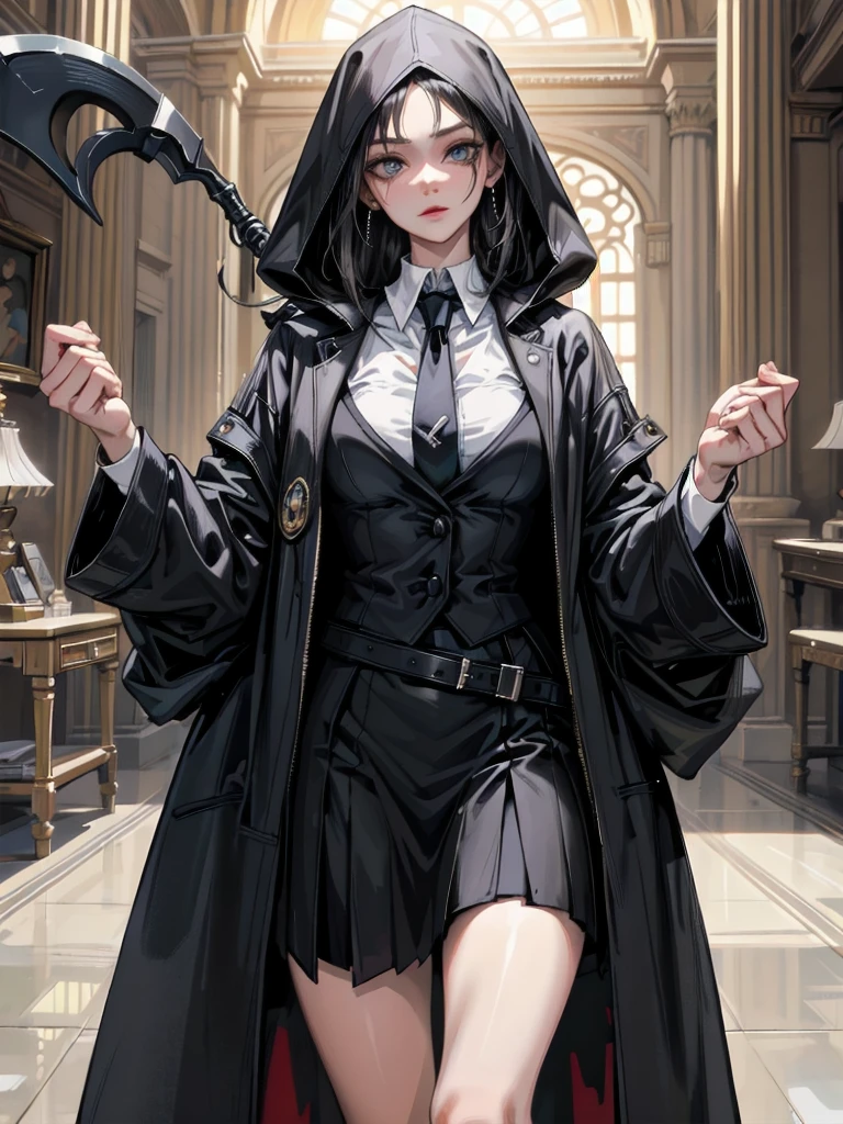 absurdres, RAW photo, extremely delicate and beautiful, masterpiece, Best Quality, ultra high resolution, 32k, hyperrealistic, ultra-detailed, perfect anatomy, anatomically correct, perfect figure, Perfect Style, Perfect balance, super Detailed skin, in her 30s, very Slim body, narrow waist, very small head, very small face, delicate facial features, handsome detailed woman, very detailed eyes and face, realistic face proportions, Realistic beautiful face, Realistic beautiful eyes, tearful mole, earring, big tits, whole body shot, medium hair, indoor, grim reaper, hooded robe, huge scythe, business suit, blazer, shirt, skirt, tie, ghost, skelton,
