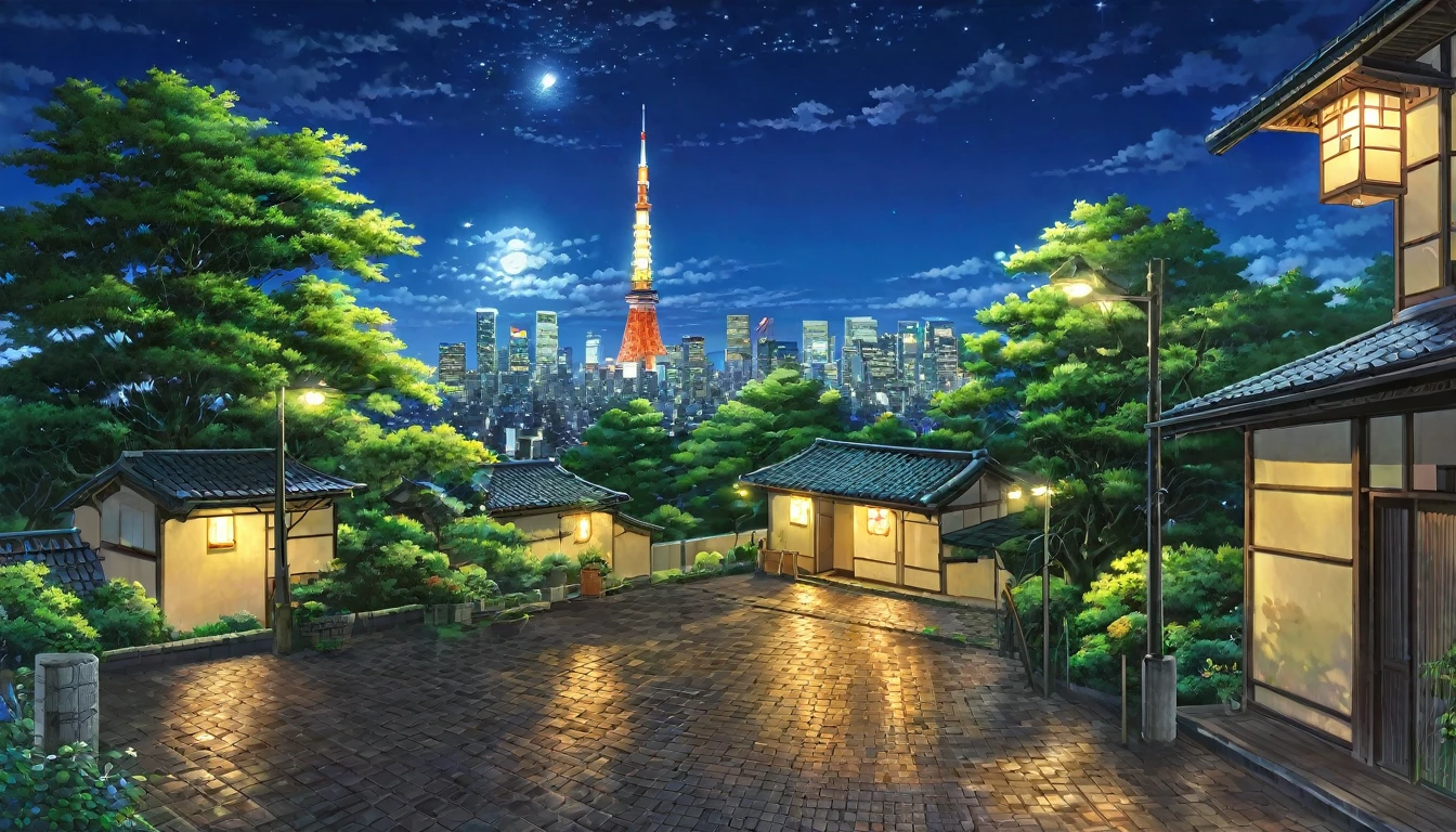 Tokyo,Night view,Ghibli-style paintings,Starry Sky,Highest quality, 8k, High resolution, masterpiece:1.2, Very detailed, Realistic:1.37, High resolution, 超High resolution, Very detailed, Professional, Vibrant colors