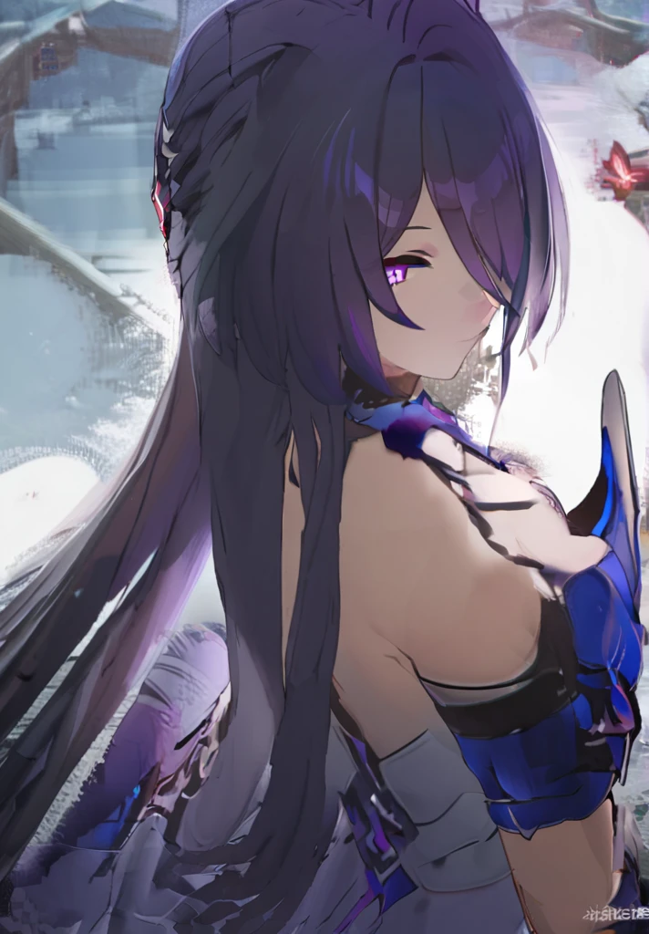 ((masterpiece)),((best quality)),highres,extremely detailed CG,perfect lighting,8k wallpaper,
1girl,acheron \(honkai: star rail\),purple hair,very long hair,purple eyes,white wedding dress,white veil,
